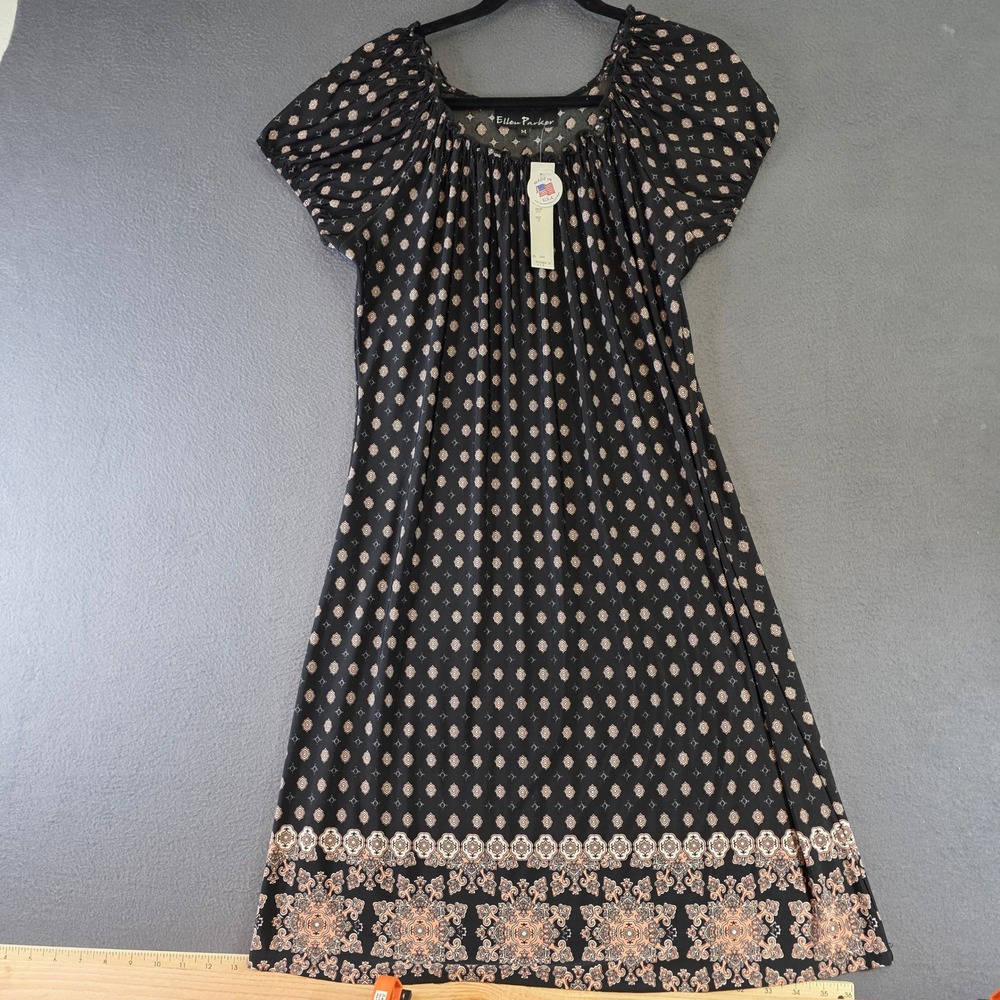 Ellen Parker Womens Black Geometric Boho Midi Dress 3845 Medium NEW